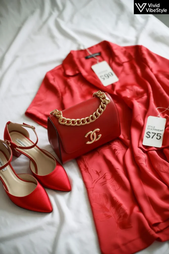 Flat lay of red fashion items from designer handbags to affordable shoes — red outfit ideas for any budget
