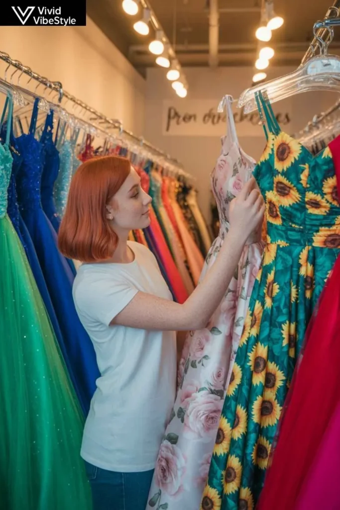 Shopper comparing two floral prom dresses in a boutique, deciding on the perfect style and fit