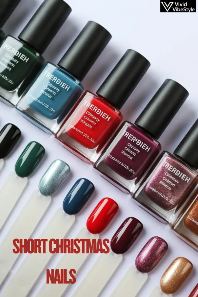 Short Christmas Nails color palette 2025 featuring emerald green, crimson red, burgundy, icy blue, and metallic gold polish swatches