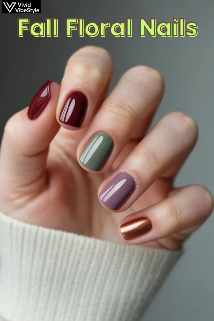 Short fall nails painted in trending 2025 colors – burgundy, sage green, dusty lilac, and copper metallic.