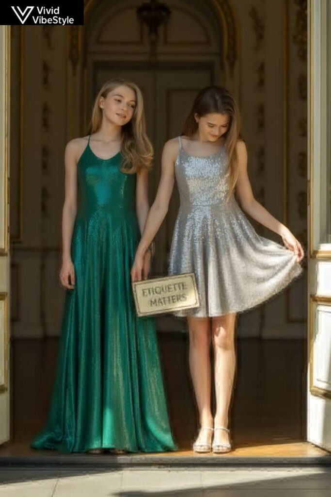 Teens showing do’s and don’ts of short homecoming dress etiquette for school dances