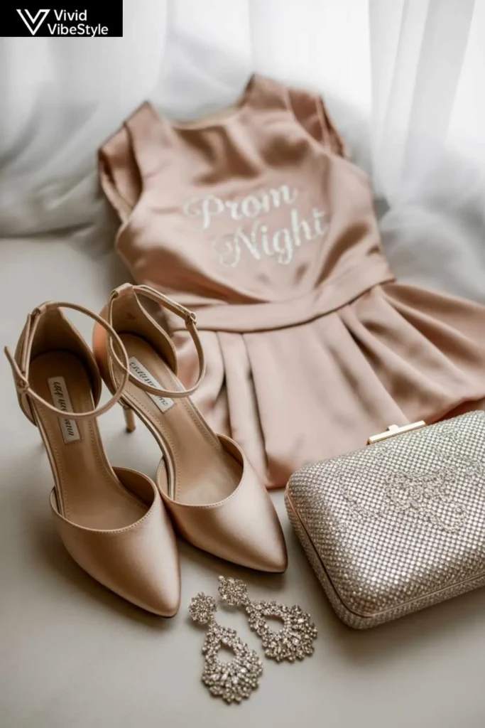 Accessories for short prom dresses with heels, rhinestone earrings, and glitter clutch