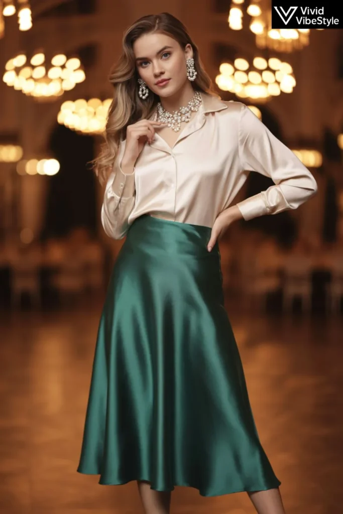 Special event skirt outfit with silk midi skirt and elegant blouse