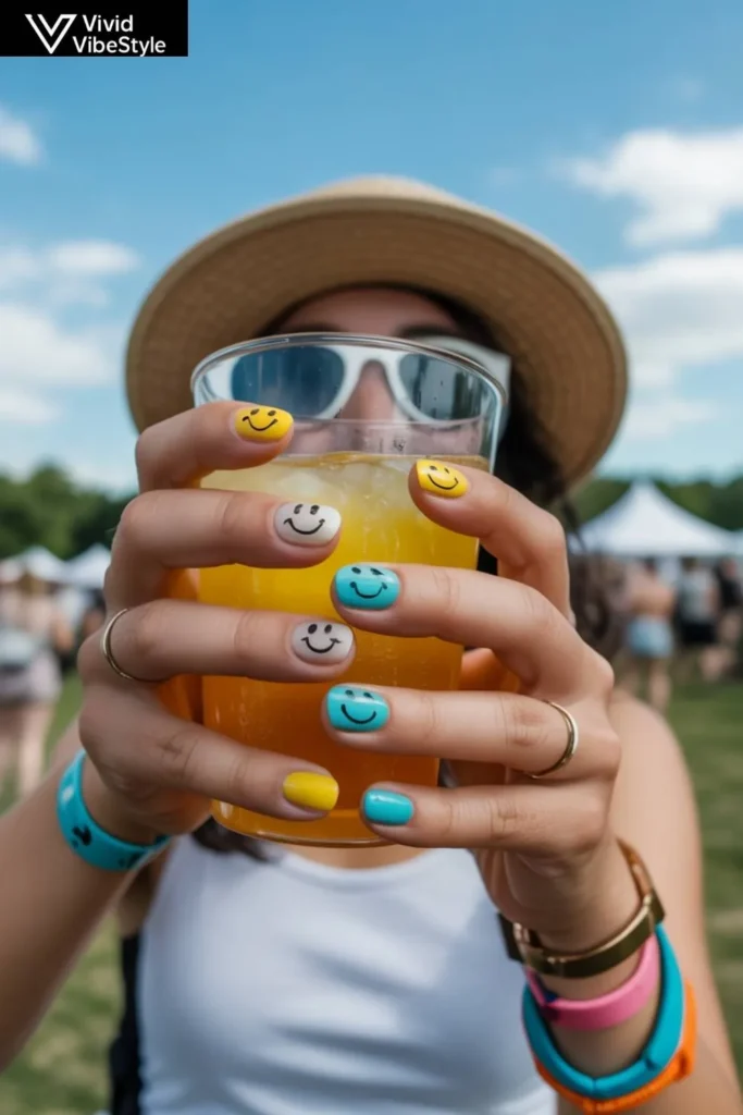Smiley face nails styled for a summer festival and casual fun occasions