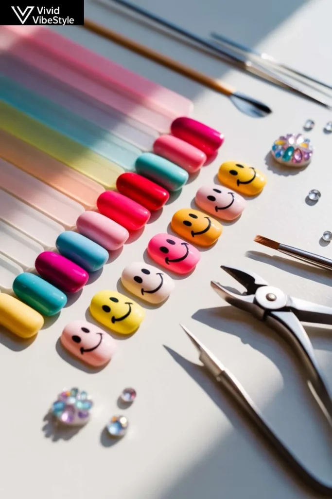 Colorful smiley face nail art designs in different shapes and expressions