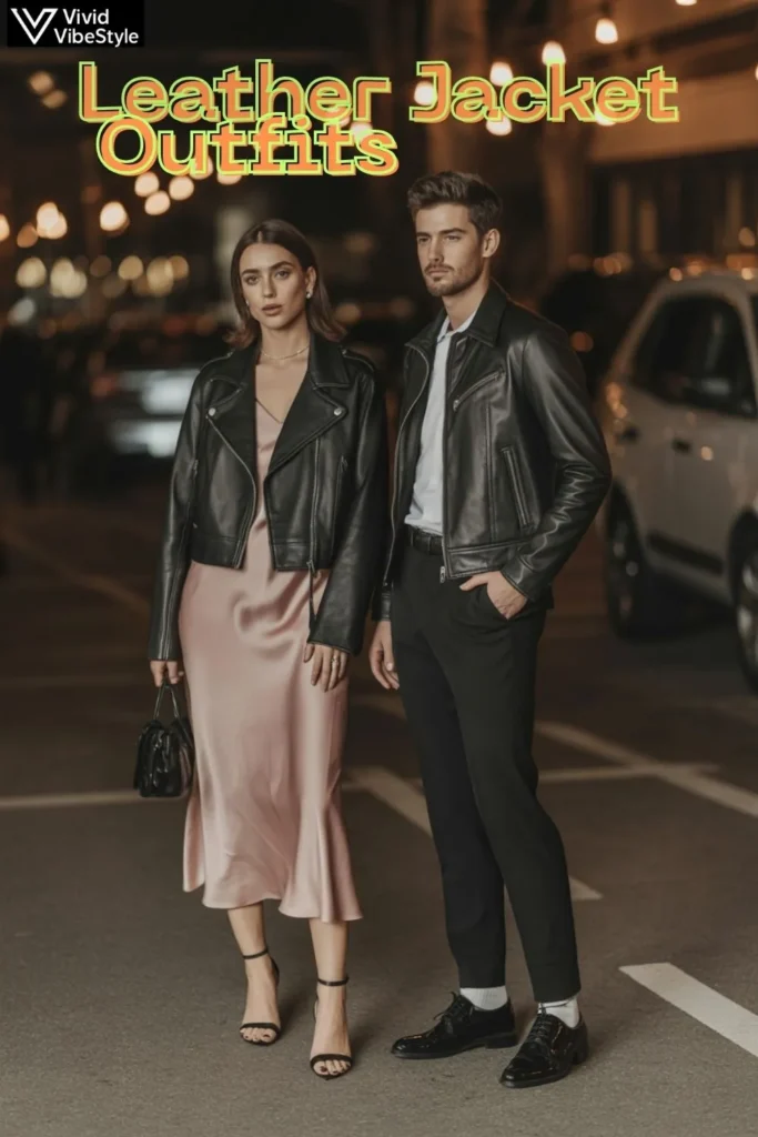 Stylish couple wearing leather jacket outfits for a date night—a black leather jacket with a silky midi dress and a tailored jacket with dress shoes