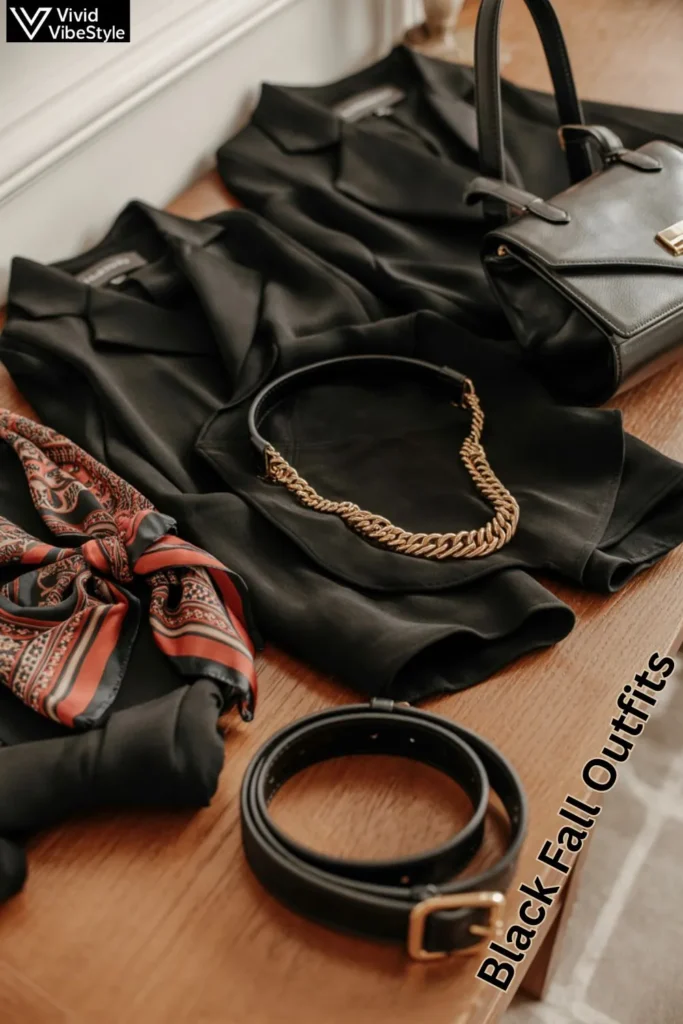 Statement accessories like gold jewelry and scarves to elevate black fall outfits.