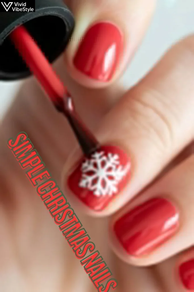 Tutorial showing step-by-step process of creating simple Christmas nails with red polish, snowflake accents, and top coat finish