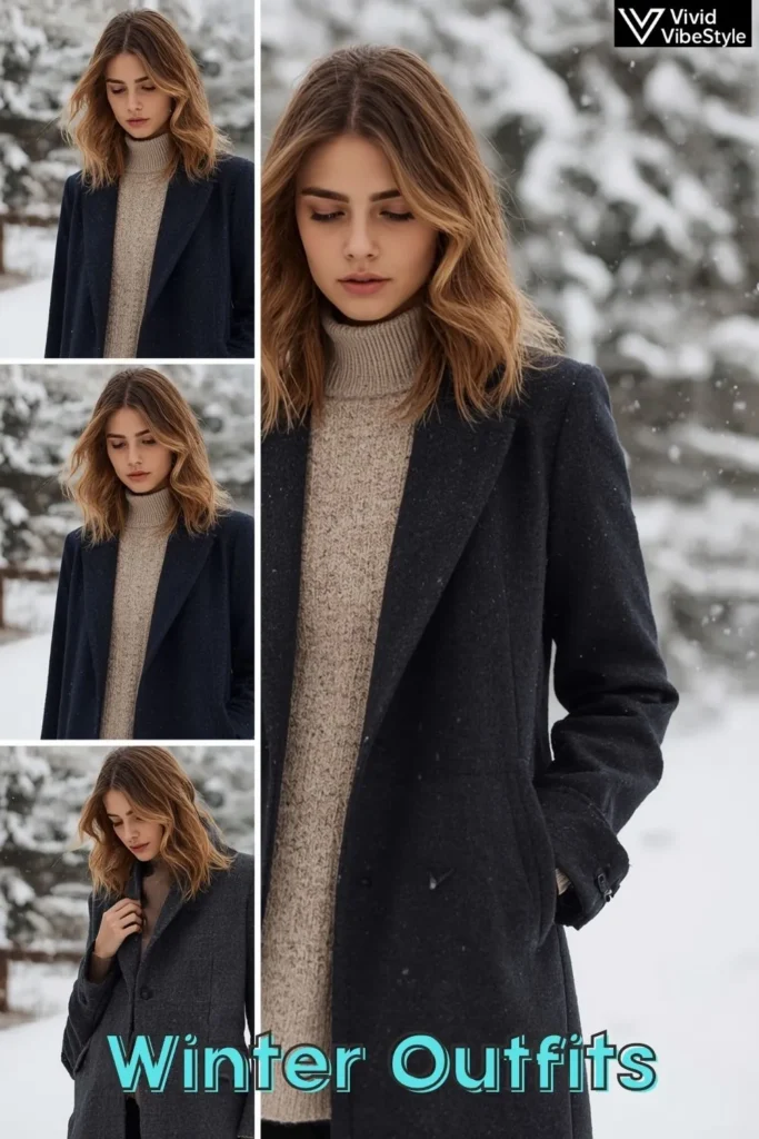 Model demonstrating winter layering techniques with base layers, sweaters, and structured coats for stylish cold-weather outfits