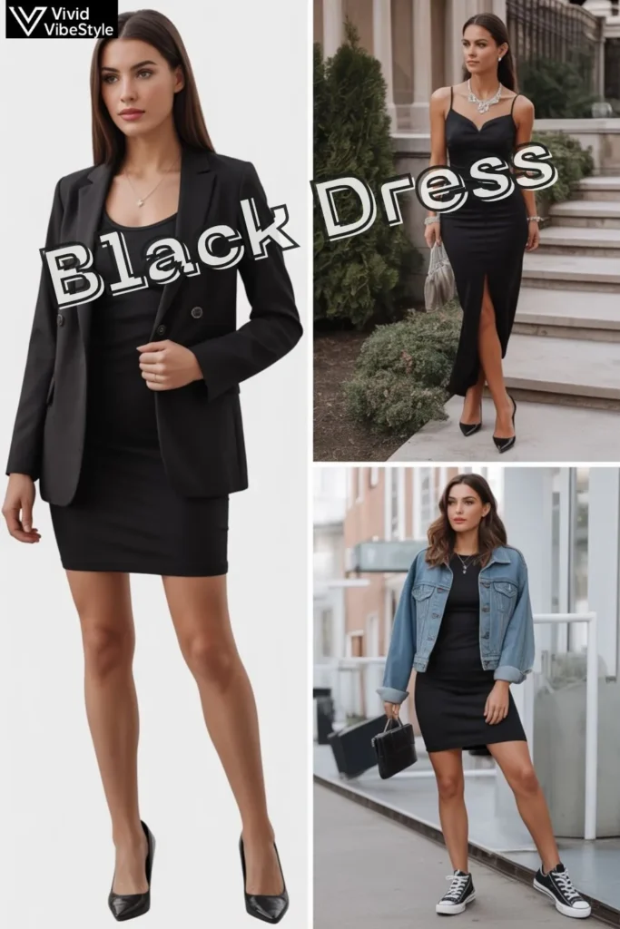Collage showing black dress styled for office with blazer, styled for evening with jewelry and heels, and casual with denim jacket and sneakers