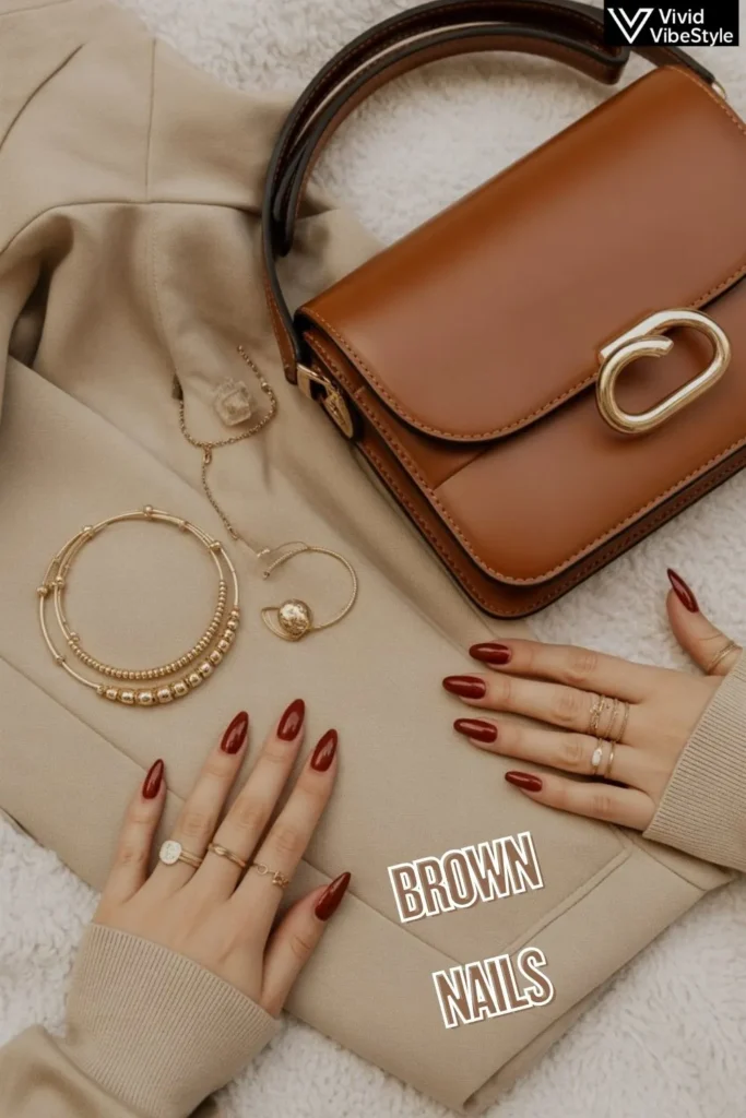 Brown nails styled with fashion accessories including gold rings, a leather handbag, and neutral chic clothing
