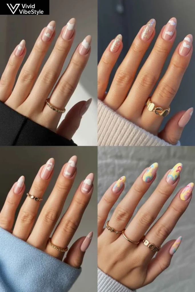 Nail artist sponging white polish onto pastel blue nails for long-lasting cloud nails