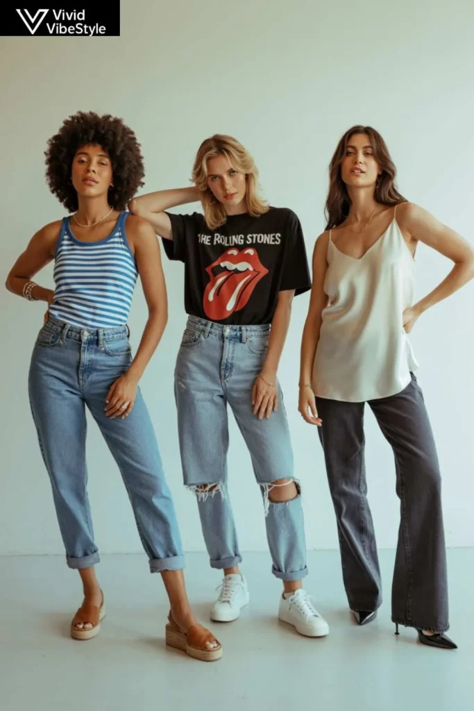Three summer jeans outfit ideas for beach, concert, and date night