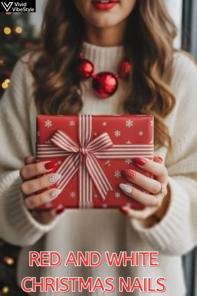 Red and White Christmas Nails: 50+ Classic Holiday Designs Now 5 Woman wearing red and white Christmas nails styled with holiday outfit, holding a festive gift box