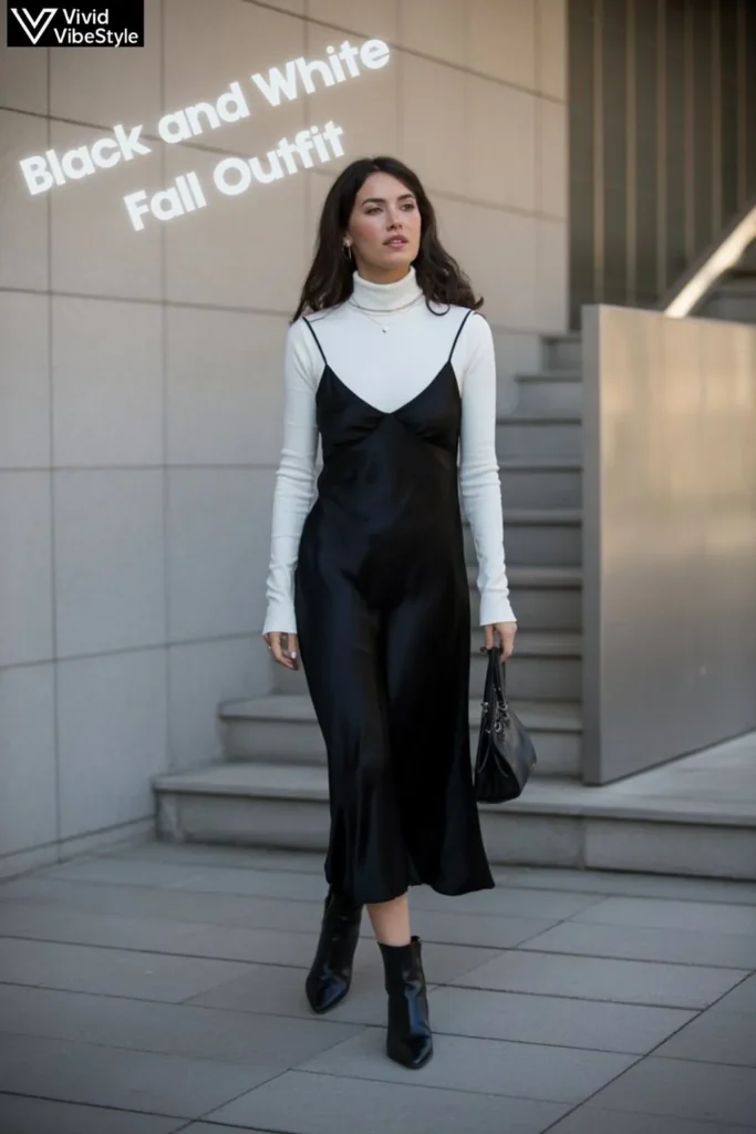 Woman layering a white turtleneck under a black slip dress with ankle boots, showing how to style Black and White Fall Outfits for fall.