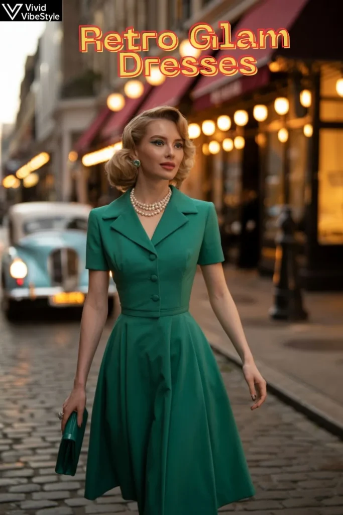 Modern adaptation of retro glam dress with sustainable fabric and vintage-inspired silhouette updated for today’s style