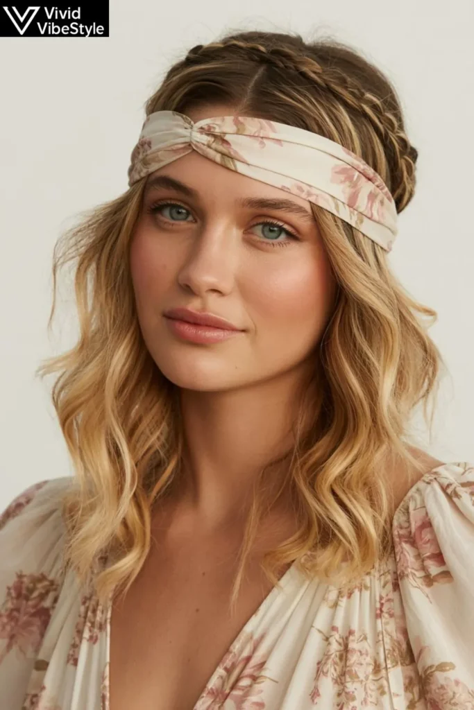 Boho hairstyle with beach waves, braids, and natural bronze makeup to match summer boho outfits.