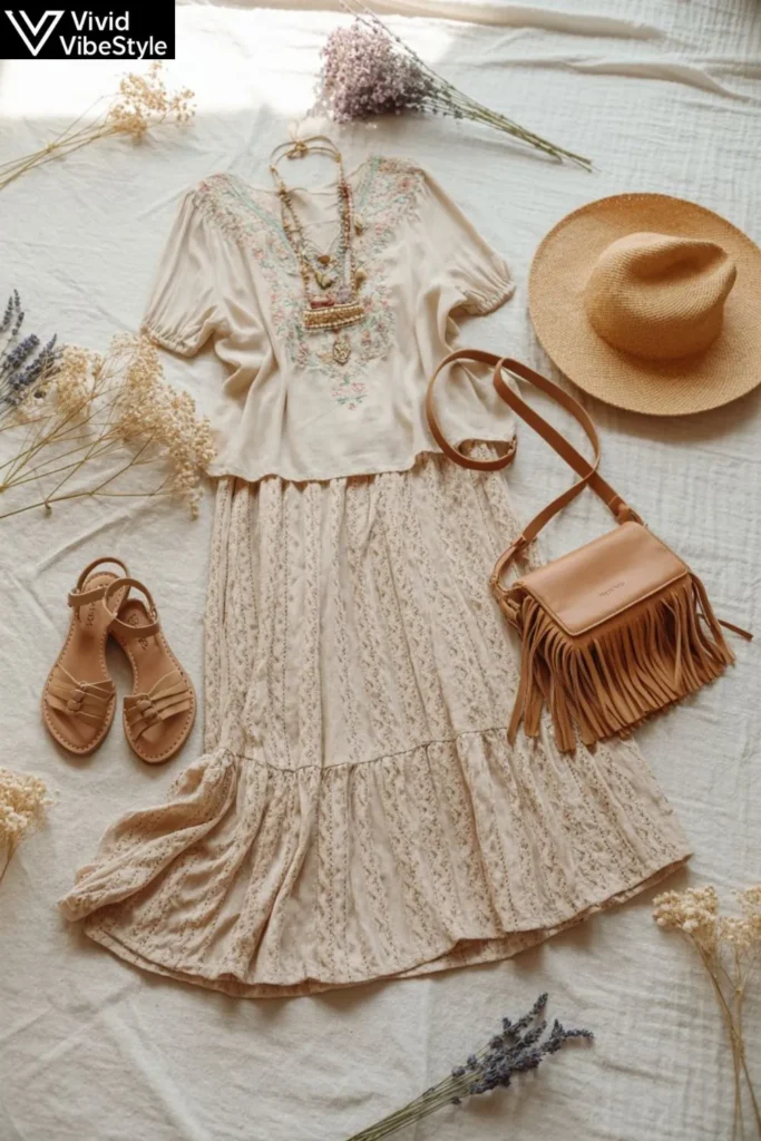 Essential pieces for building summer boho outfits, including lace skirts, embroidered tops, sandals, and fringe bags.
