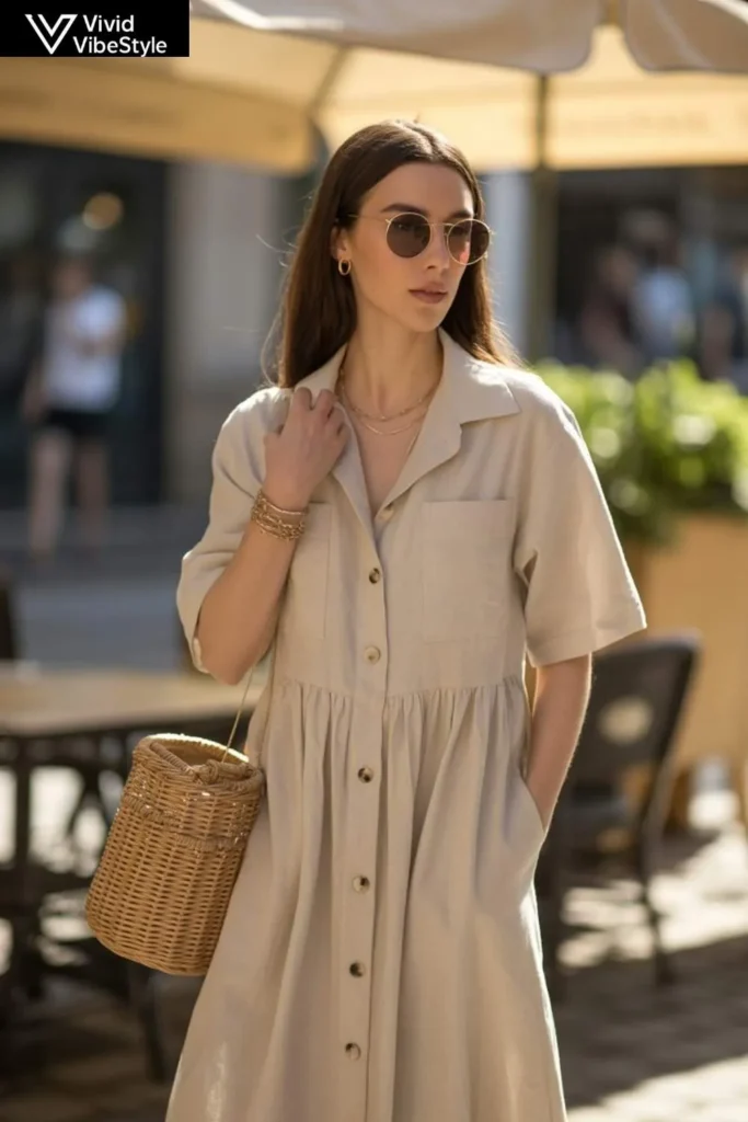 Lightweight blazer and midi skirt for professional Summer Chic Outfits in warm weather.