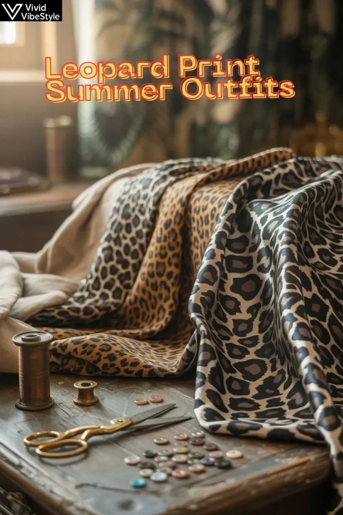 Leopard print fabrics in cotton, silk, and linen styled with summer accessories on a light background