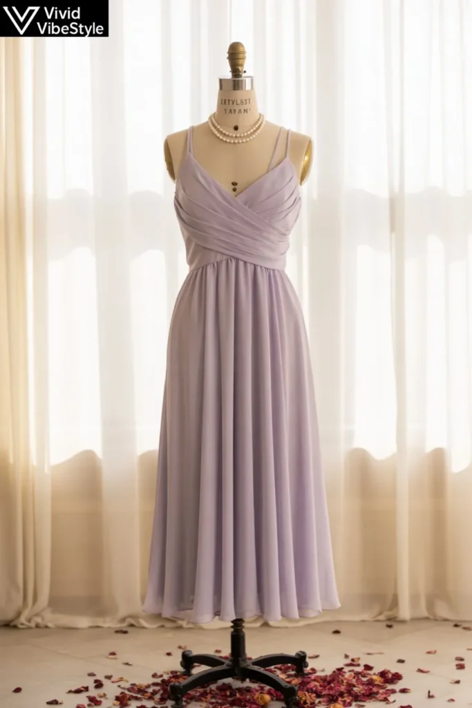 Elegant pastel chiffon summer outfit with delicate jewelry for weddings and special events.