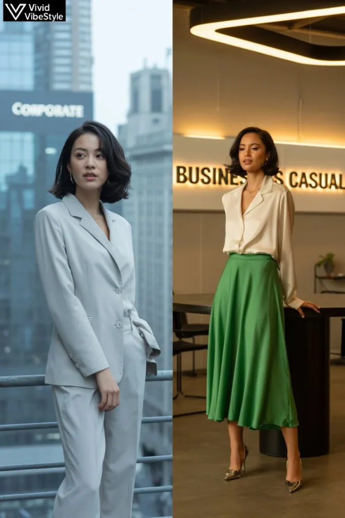Comparison of summer work outfits: lightweight suit for corporate settings vs business casual skirt and blouse