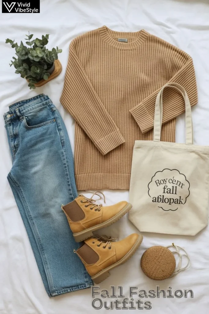Sustainable fall fashion pieces like organic sweaters and recycled denim styled into comfy fall outfits.