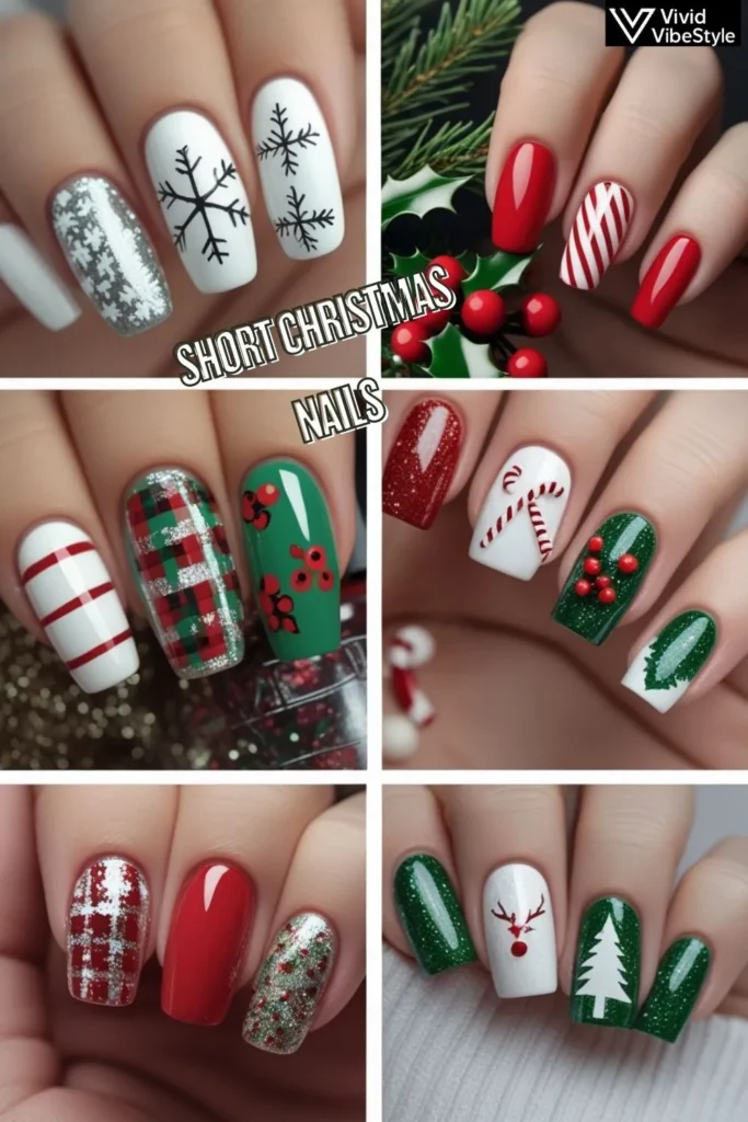 Collage of 20 trending Short Christmas Nail designs for 2025 including candy cane stripes, snowflakes, holly berries, plaid nails, and glitter accents