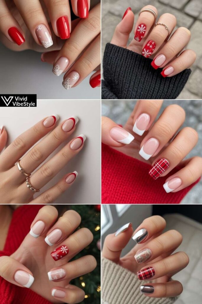 Red and White Christmas Nails: 50+ Classic Holiday Designs Now 3 Collage of trending 2025 red and white Christmas nail designs including snowflakes, candy cane stripes, ombre gradients, and holiday plaid