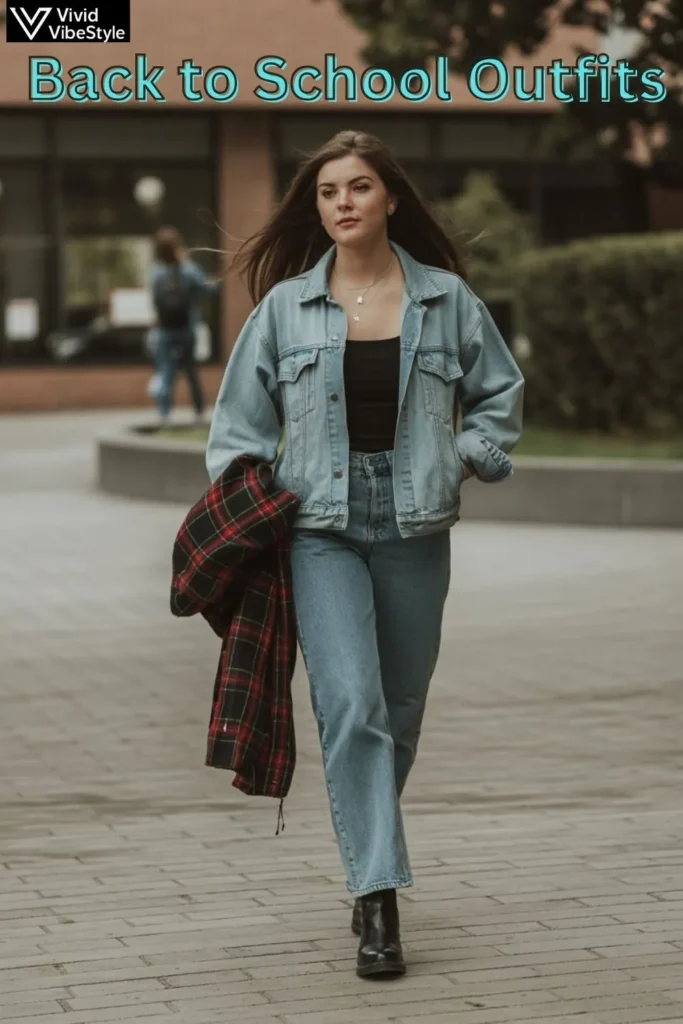 Student transitioning summer to fall with a back to school outfit: denim jacket layered over a tank top, jeans, and ankle boots, holding plaid flannel