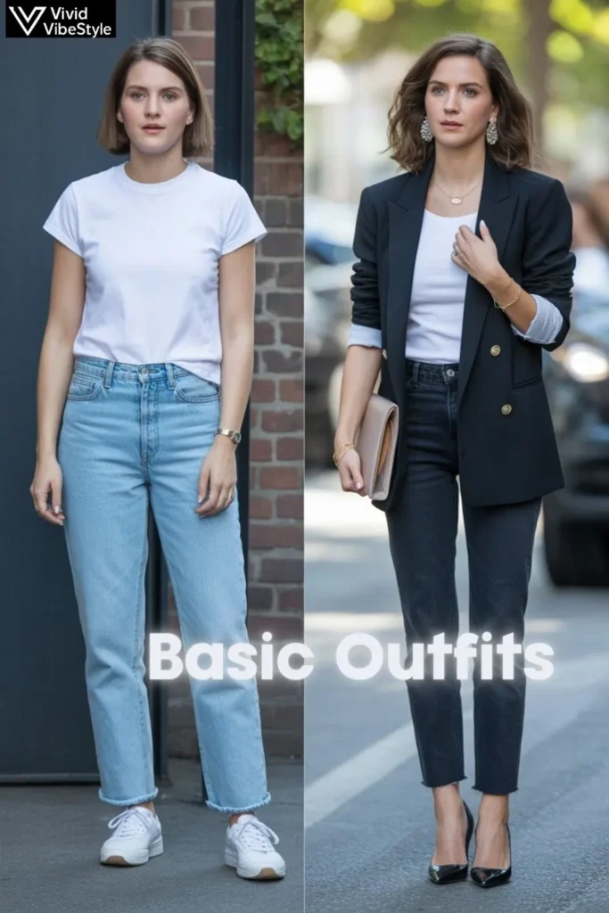 Diverse women with different body types wearing basic outfits including jeans, white tops, and blazers, showcasing versatile capsule style