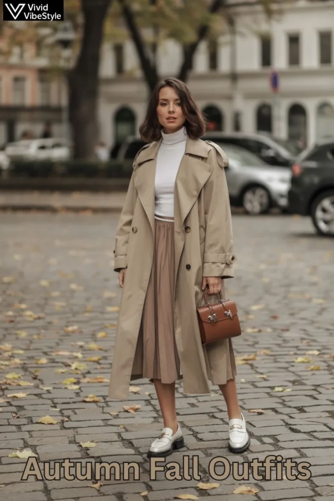 Layered trench coat, turtleneck, and skirt styled as a transitional fall outfit.