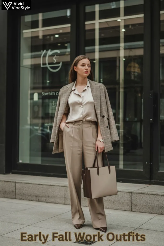 A professional early fall outfit featuring tailored trousers, a silk blouse, and a plaid blazer, demonstrating how to seamlessly transition work outfits for early fall weather.