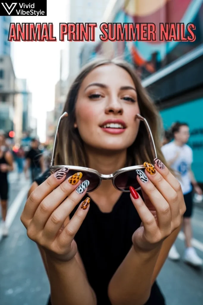 Woman with mixed animal print summer nails featuring leopard, zebra, and cheetah patterns.