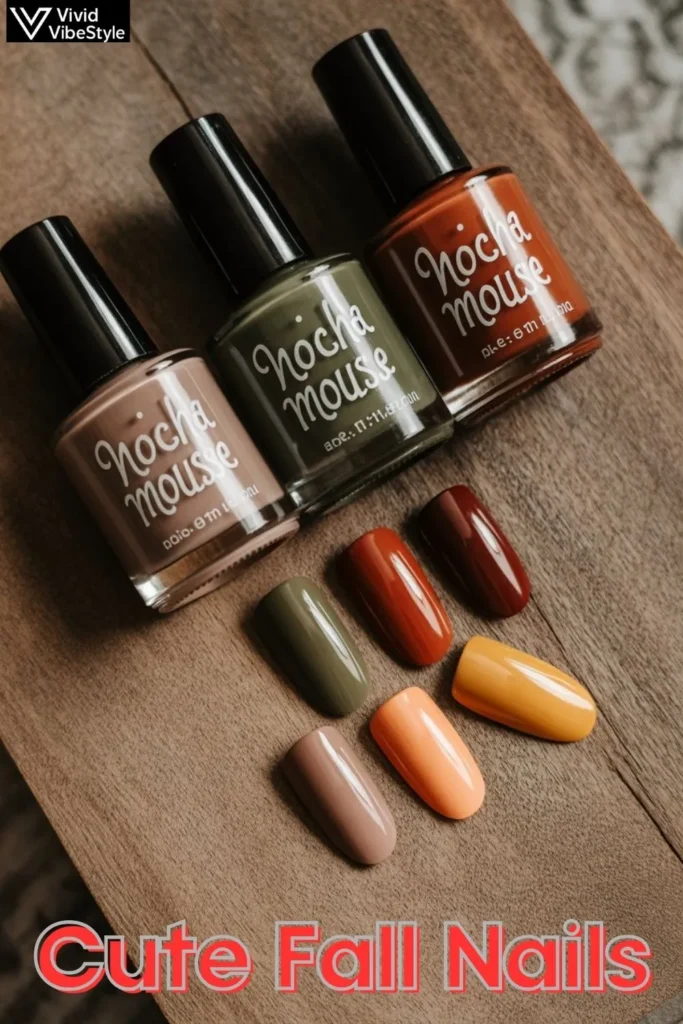 Fall 2025 trending nail polish colors in mocha mousse, olive green, rust red, and golden yellow arranged with autumn leaves