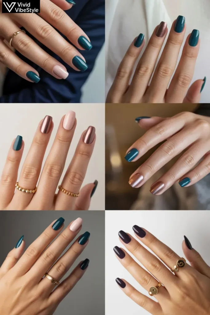 Collage of trending dark fall nail designs including ombré, matte finishes, and metallic accents.
