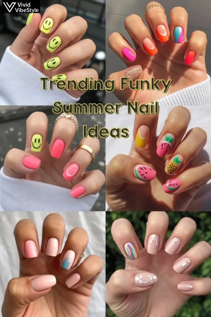 Collage of trending Funky Summer Nails featuring neon ombré, fruit-inspired designs, and holographic accents
