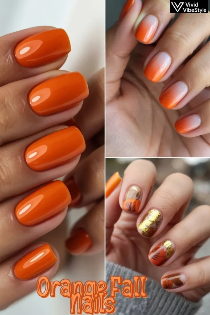 Collage showing solid orange nails, orange ombre gradient, and mixed media nail art with gold accents – trending fall nail designs 2025