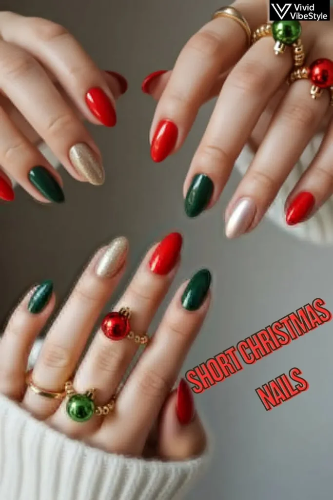 Trending short Christmas nail shapes for 2025 showing round, oval, and soft square nails painted in festive red, green, and gold