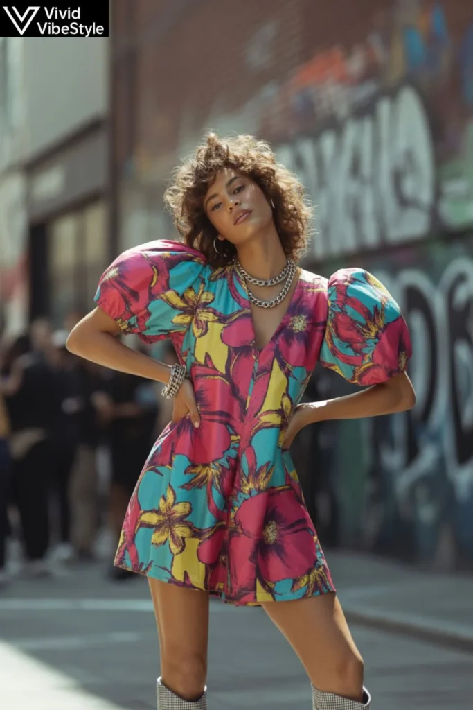 Street-style summer outfit with puff-sleeve mini dress in bold floral print and trendy accessories.