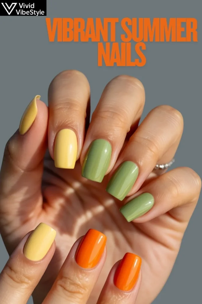 Trending 2025 vibrant summer nail colors including butter yellow, pistachio green, and citrus orange on polished nails