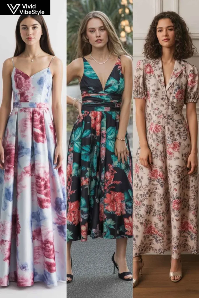 Watercolor, tropical, and vintage floral prom dresses side-by-side, showing different botanical print styles for prom