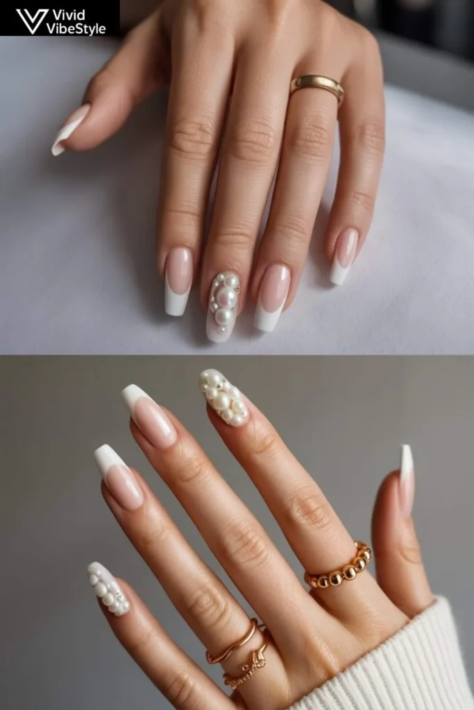 Flat nail art versus textured 3D nails with pearls and sculptural accents