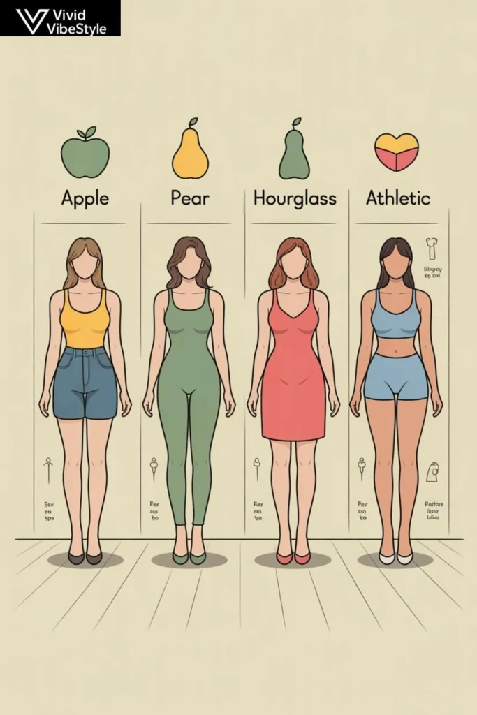 Illustrated chart showing different curvy body types with outfit ideas for every body figure