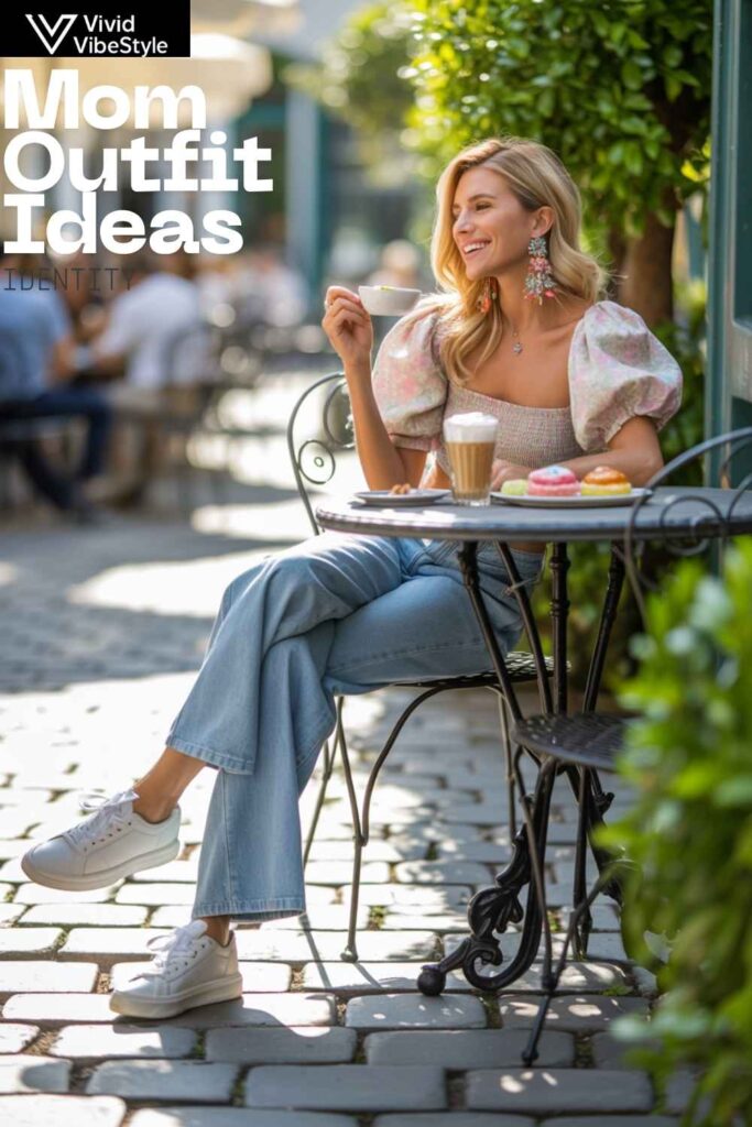 Mom enjoying weekend brunch in wide-leg jeans and floral blouse — casual yet elevated for mom outfit ideas
