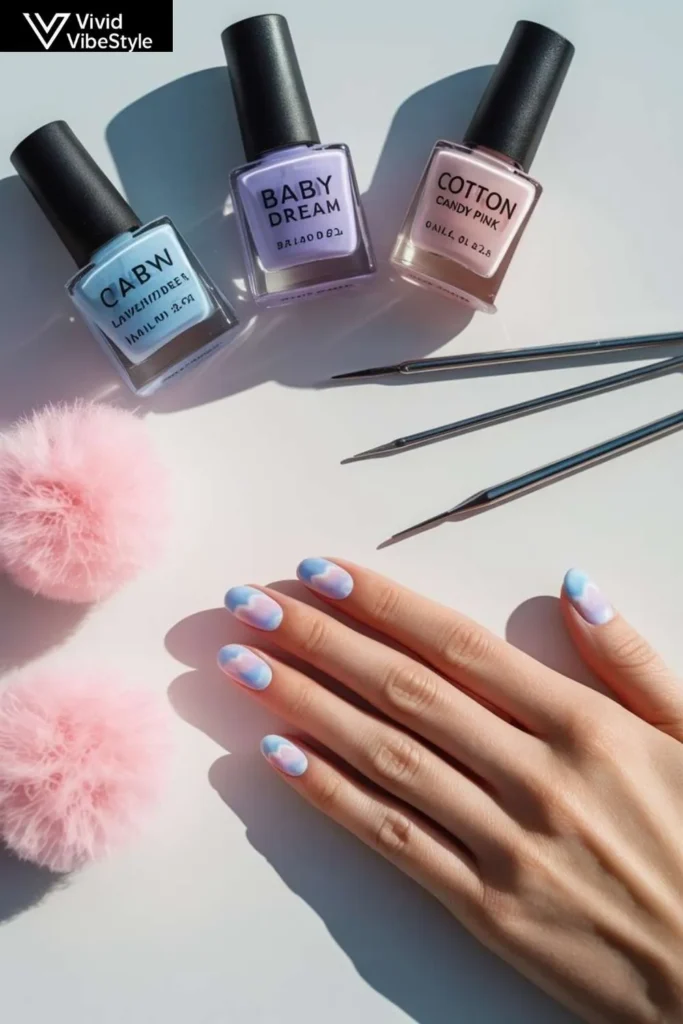 Nail art tools with finished cloud nails showing why this dreamy manicure trend is popular in 2025