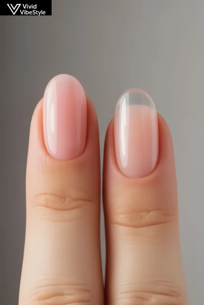 Soft pink jelly nails showing translucent polish effect compared to natural nails