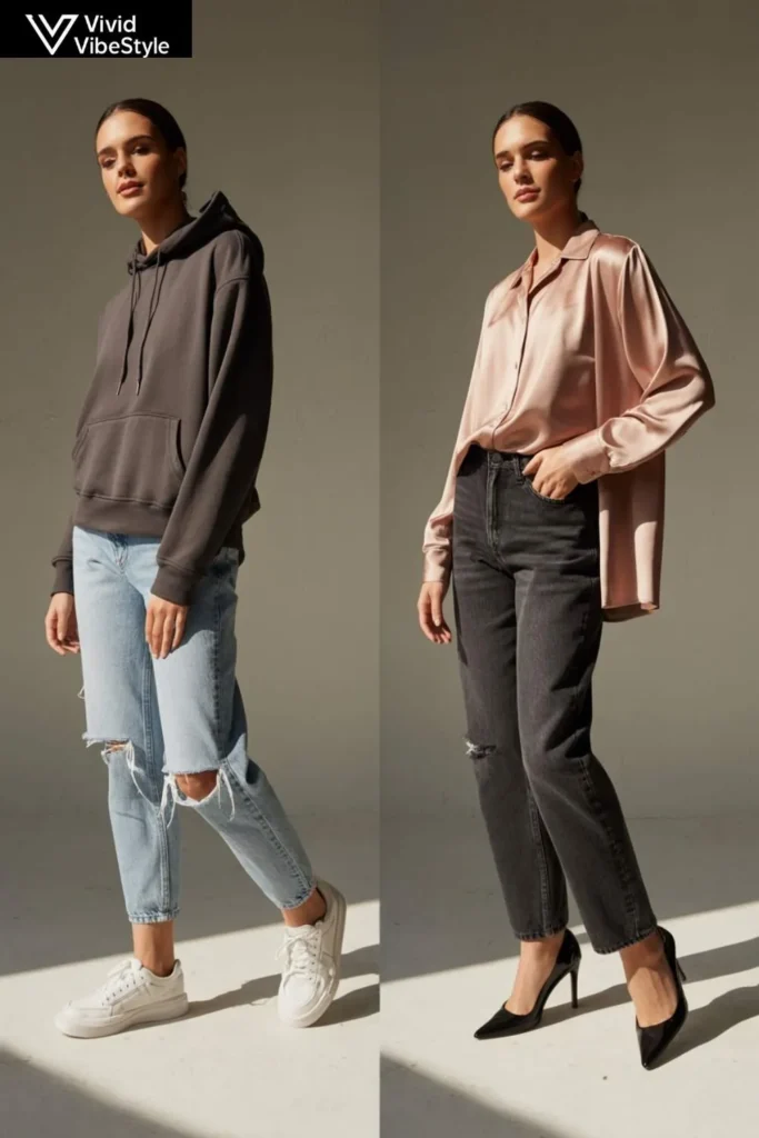 Side-by-side casual vs classy jeans outfit ideas showing how fabric quality, fit, and accessories elevate denim looks