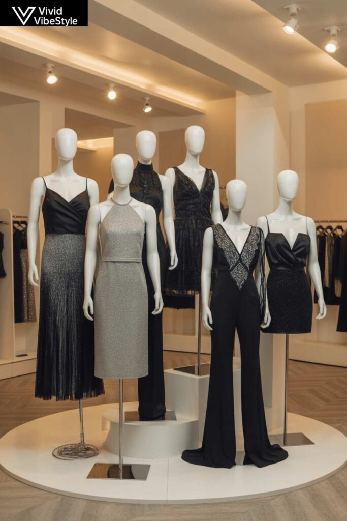 Collection of black and silver dresses in a boutique, showcasing options from evening wear to casual chic