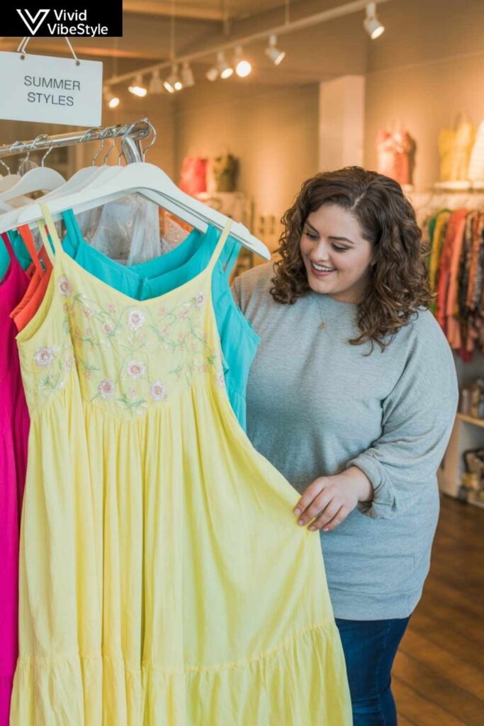 Happy plus size shopper exploring summer dress options from popular fashion brands